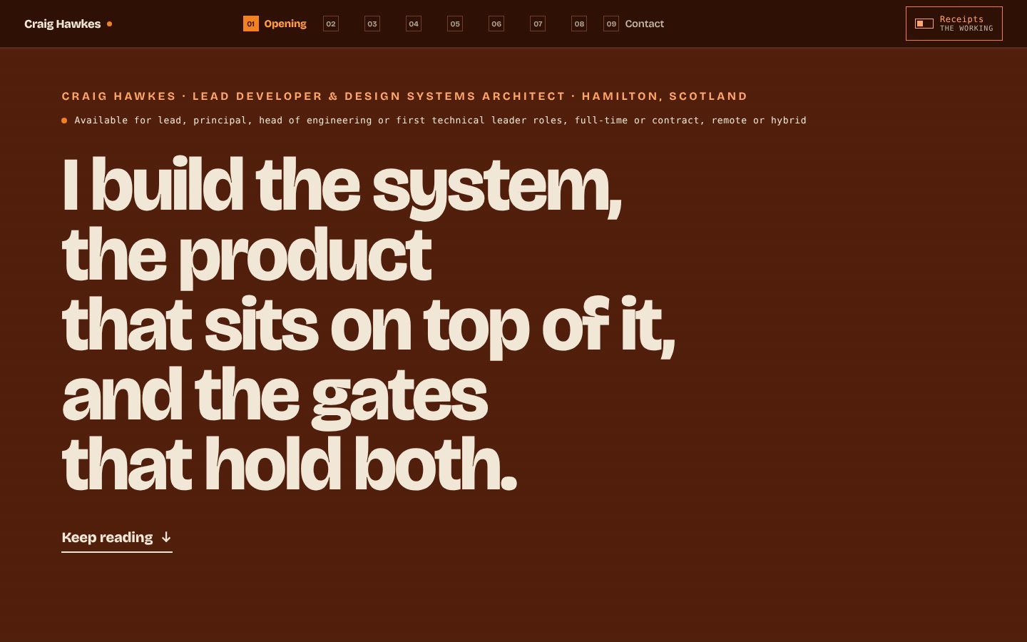 The opening screen of the ember page: a brown page, a cream headline reading I build the system, the product that sits on top of it, and the gates that hold both.