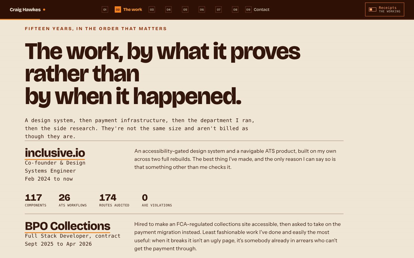 The work section of the ember page: a cream page, a headline about what the work proves, and the inclusive.io and BPO Collections entries with their numbers.