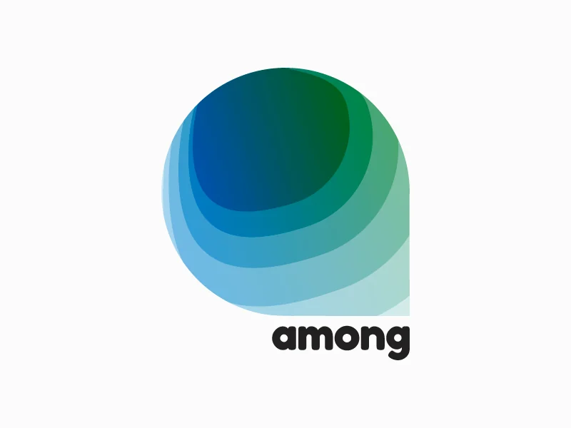 The Among logo: a rounded speech bubble built from layered bands of deep blue, teal and green, above the word among in heavy black lowercase.