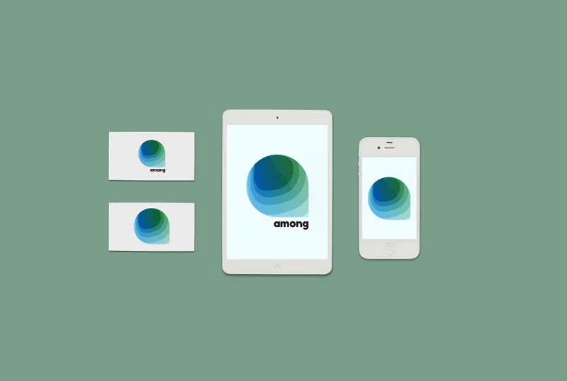Two business cards, a tablet and a phone on a sage green ground, each showing the green layered Among speech bubble.