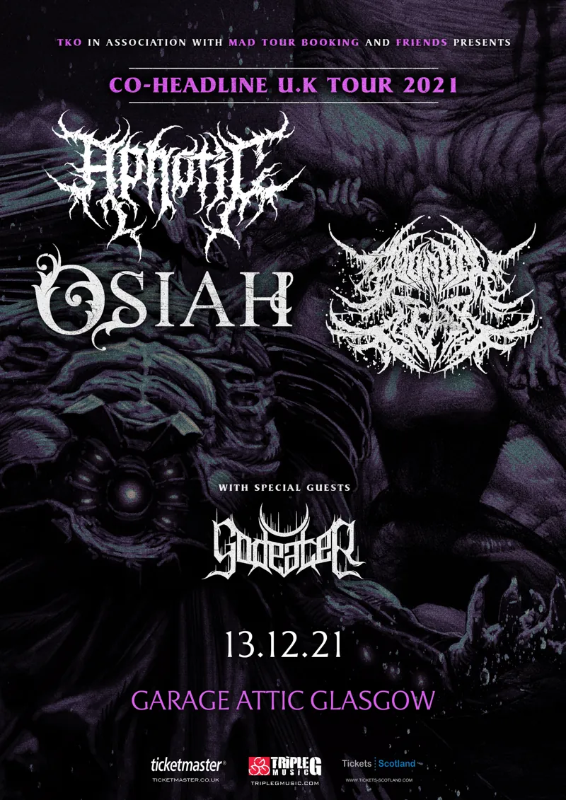 A dark tour poster with the Aphotic and Osiah logos in white and purple over a grey sea creature, the support acts below and the date 13.12.21.