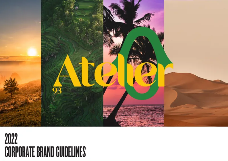 The cover of the Atelier 93 brand guidelines: the mark in yellow and green over four landscape photographs, from sunrise to desert.