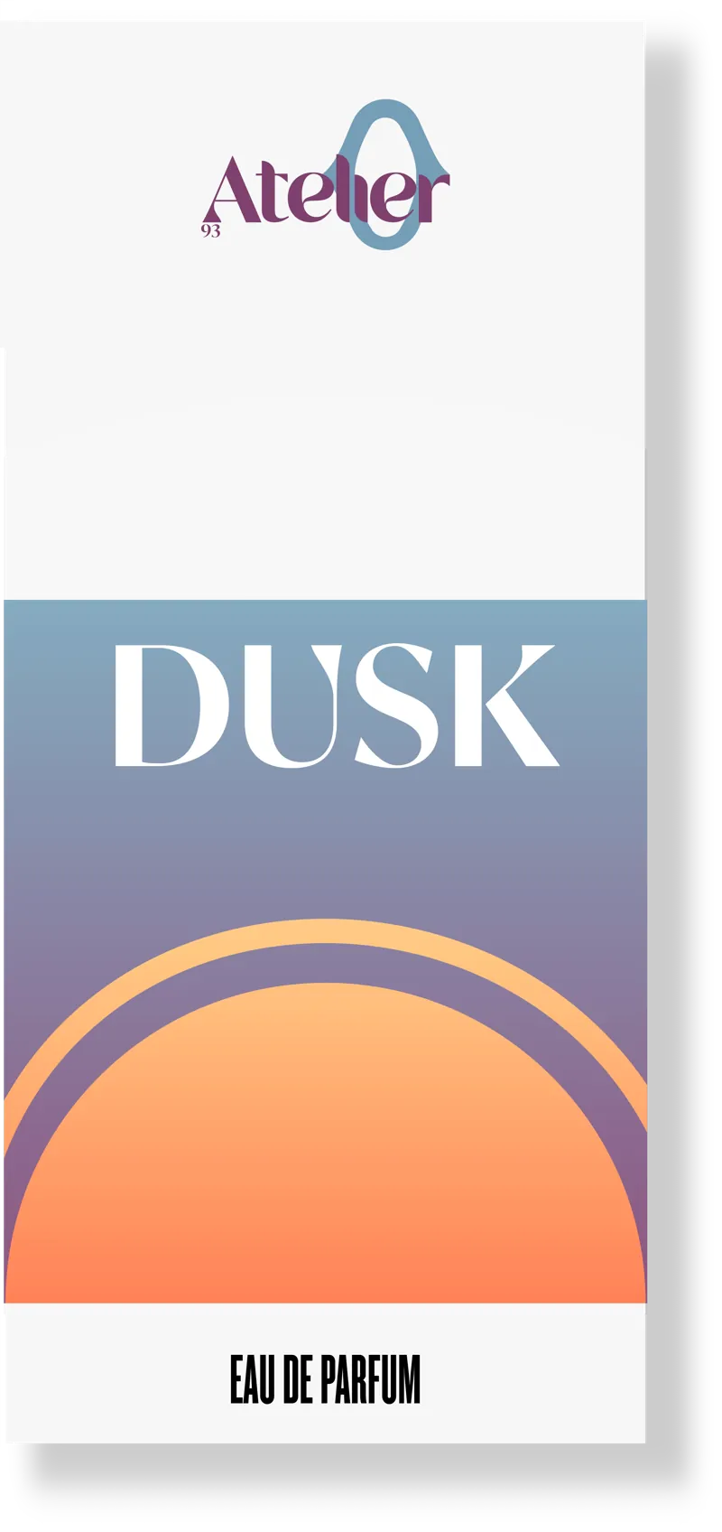 A tall white perfume box with a sunset arch in orange, pink and blue and the word Dusk in purple.