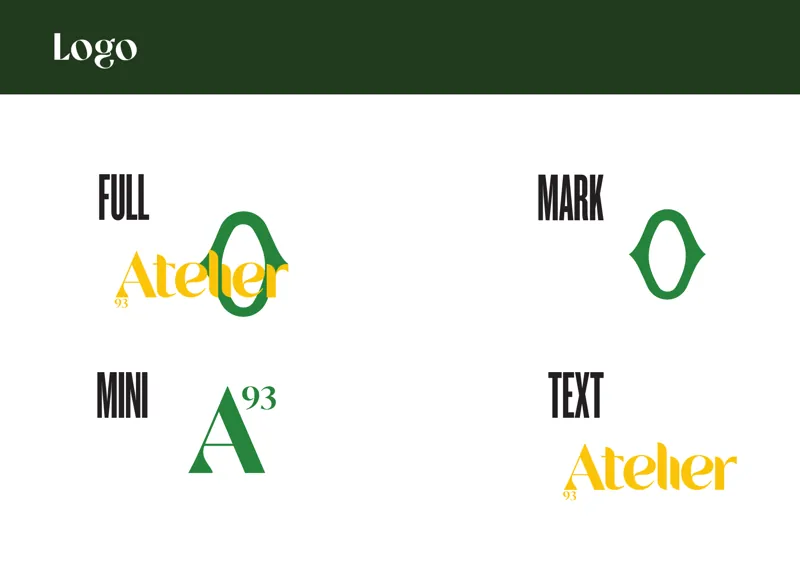 A guidelines page showing the Atelier 93 logo four ways: full, the O mark alone, an A with 93, and the word Atelier.