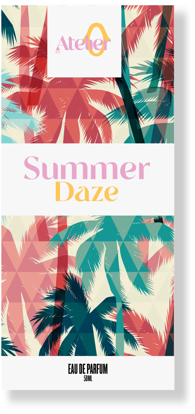 A tall perfume box covered in pink and teal palm trees, with Summer Daze in pink and yellow on a white band.