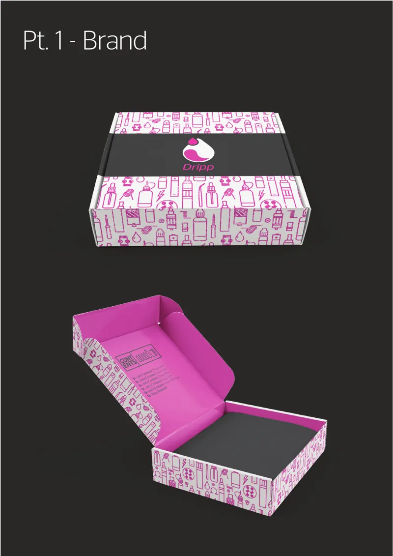 A pink and white patterned mailer box, shown closed and open, on a dark page from a brand proposal.