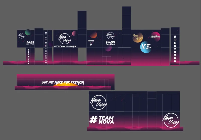 Flat artwork for the same stand redrawn as one deep purple night sky with planets and a pink horizon, the ranges on the back wall, Why pay more for premium on the header and #TEAMNOVA on the counter.