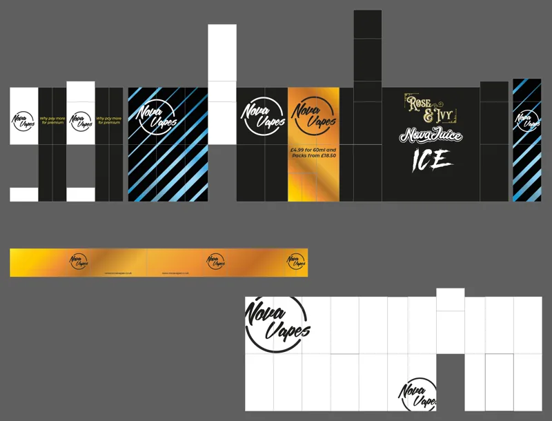 Flat artwork for every panel of an exhibition stand: black and white walls, blue and orange diagonal stripes, a gold price panel, and Rose and Ivy, NovaJuice and ICE marks on the back wall.
