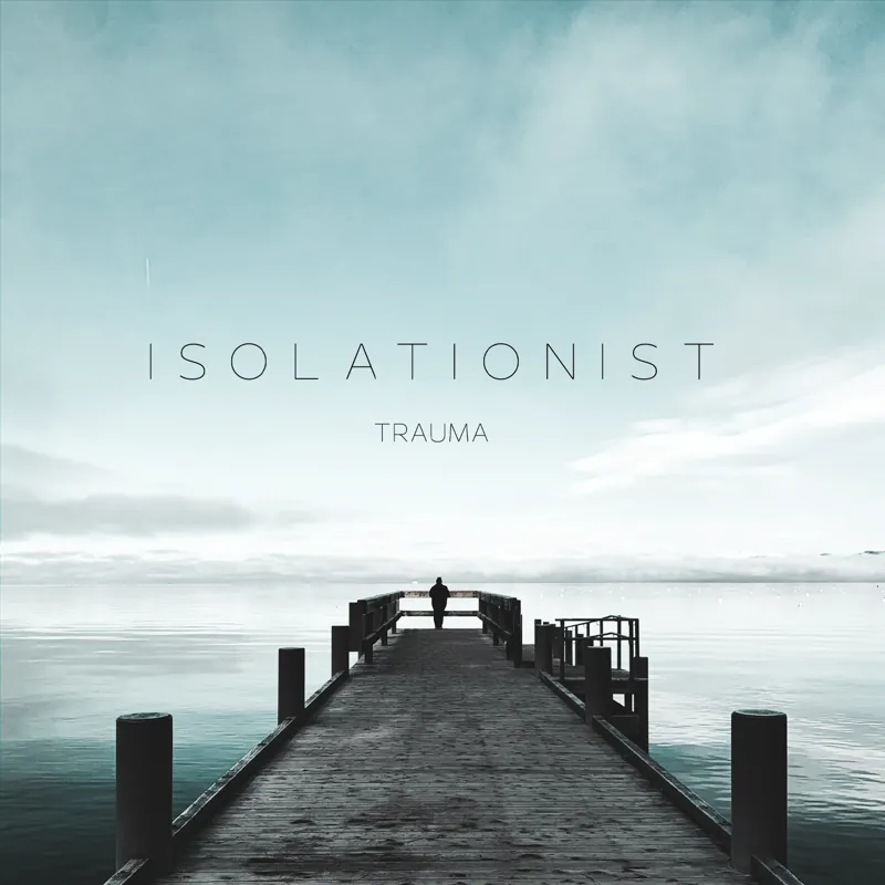 A cover with ISOLATIONIST spaced across a pale sky above a figure standing at the end of a long jetty.