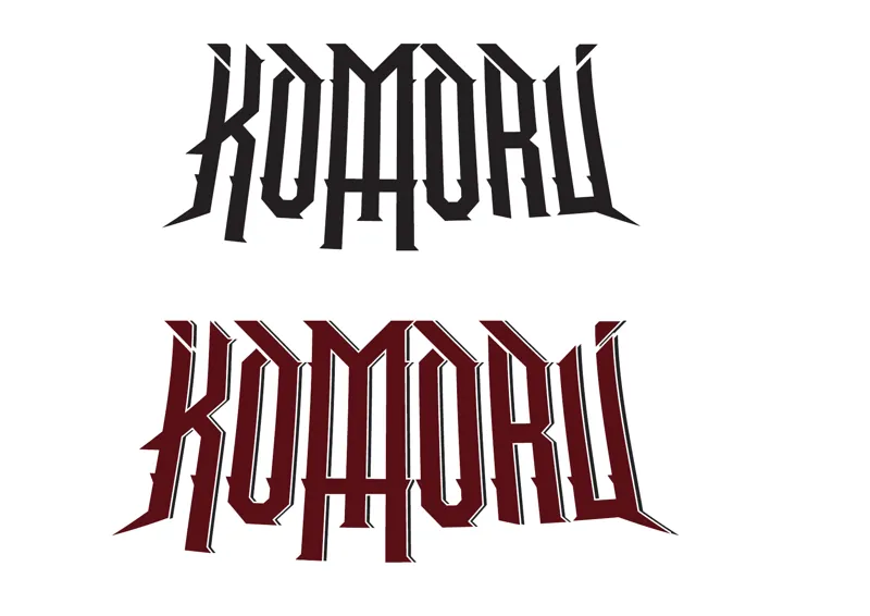 The word KOMORU in tall, sharp classic metal lettering with an upside-down cross dropping from the middle of the M, shown in black and in dark red.