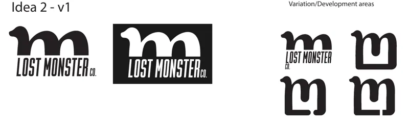 Lettermark development for Lost Monster Co.: a heavy lowercase m with a creature's head, the name beneath, and four variations of the m.