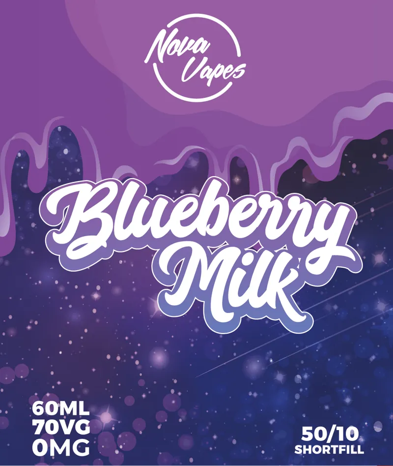 A purple label with Blueberry Milk in white script, dripping purple at the top, with the bottle size and strength in the corners.