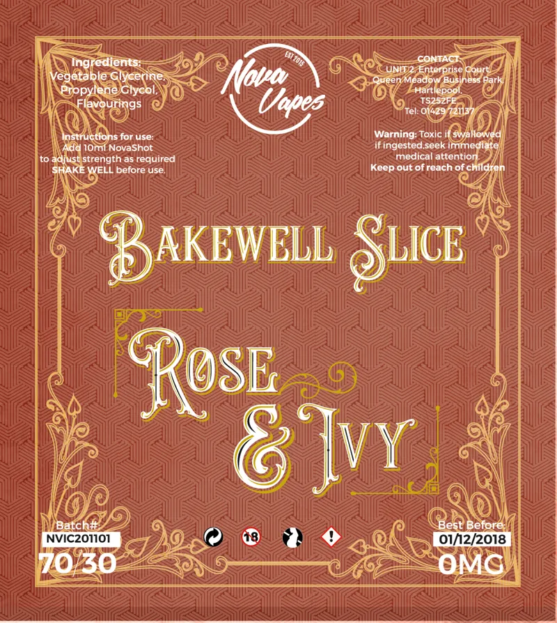 A flat label proof in rust red with a gold Victorian frame, the Rose and Ivy and NovaVapes marks, and small regulatory text.