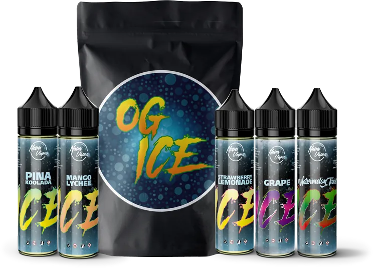 A black OG ICE pouch with a cosmic circular label, between pale blue ICE bottles.