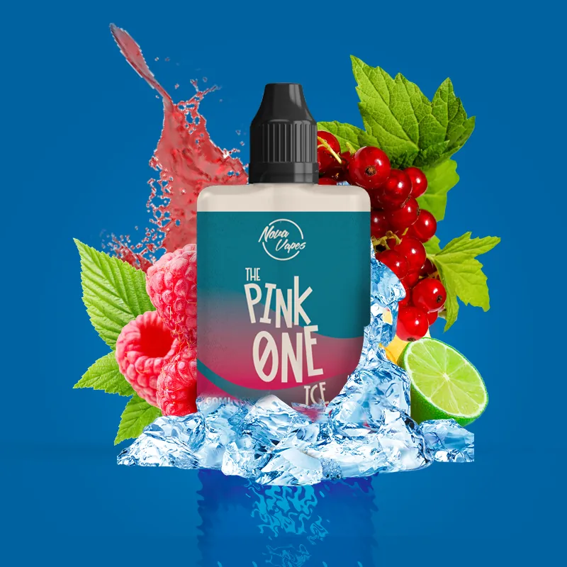 A bottle of The Pink One ICE bursting out of raspberries, lime and ice on a blue ground.
