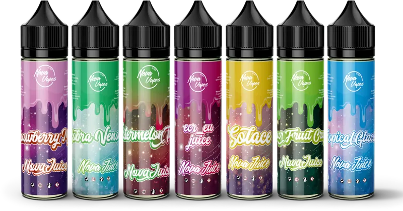 Seven NovaJuice bottles in a row, each label a different colour with dripping script lettering.