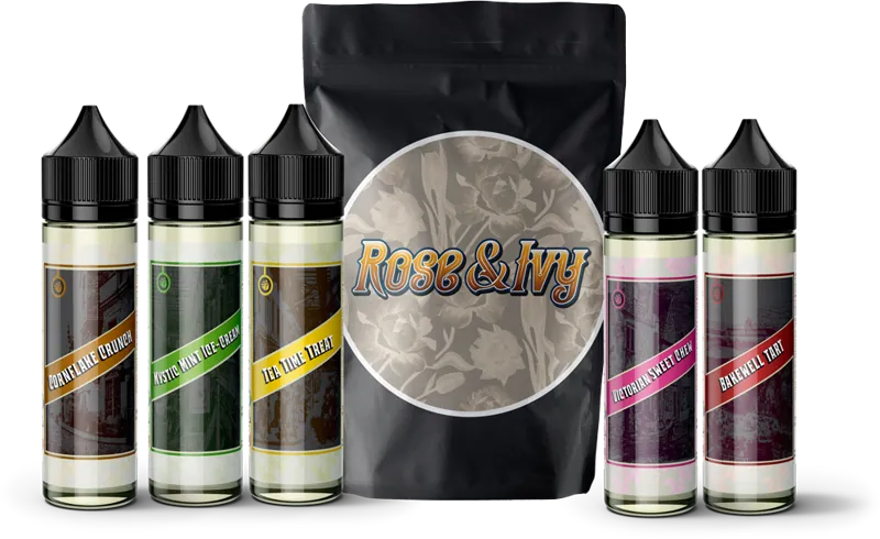 A black Rose and Ivy pouch with an ornate gold label, between bottles from the range.