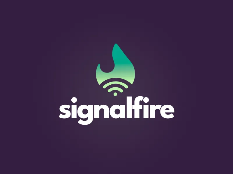 The Signalfire logo: a green flame whose base becomes wifi waves, above the name in white on deep purple.