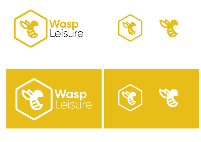 The Wasp Leisure logo in yellow and white: a stylised wasp inside a hexagon, shown with and without the name.
